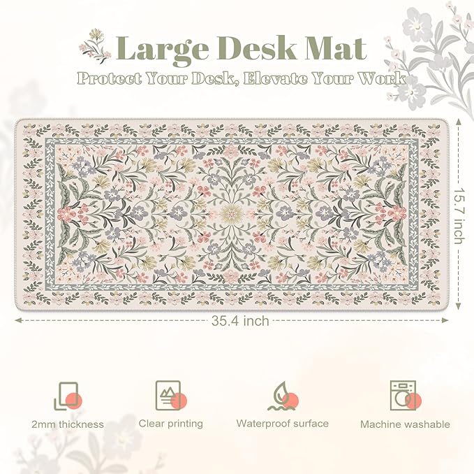HAOCOO Floral Desk Mat, Large Mouse Pad for Desktop, Big Mouse Pad with Non-Slip Rubber Base, Waterproof Computer Pad with Stitched Edges, Desk Cover Mat for Office (Grey)