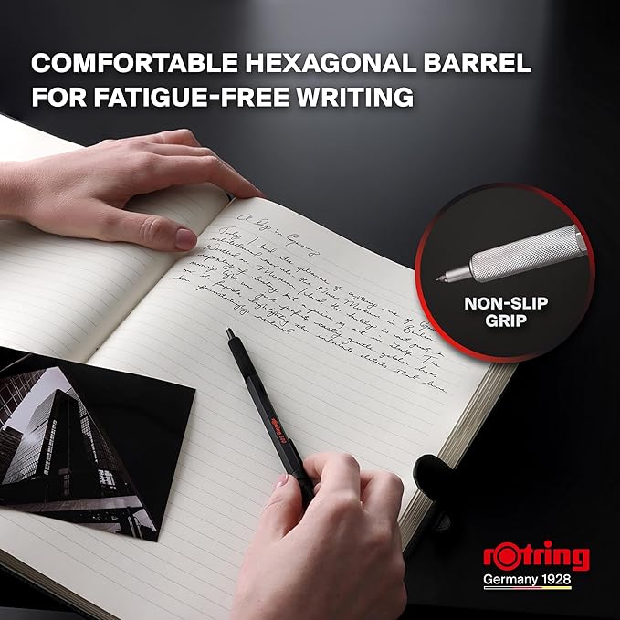 Rotring 600 Gel Pen | 0.55 mm | Black Ink | Silver Metal Body Pen | Non-Slip Knurled Grip & Hexagonal Barrel | Refillable