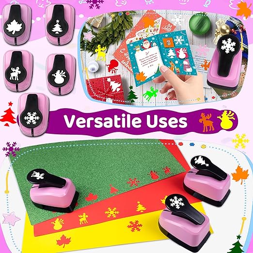 Christmas Hole Punch Set, 1 Inch Paper Craft Punches - 5pc Lever Action Punch for Scrapbooking