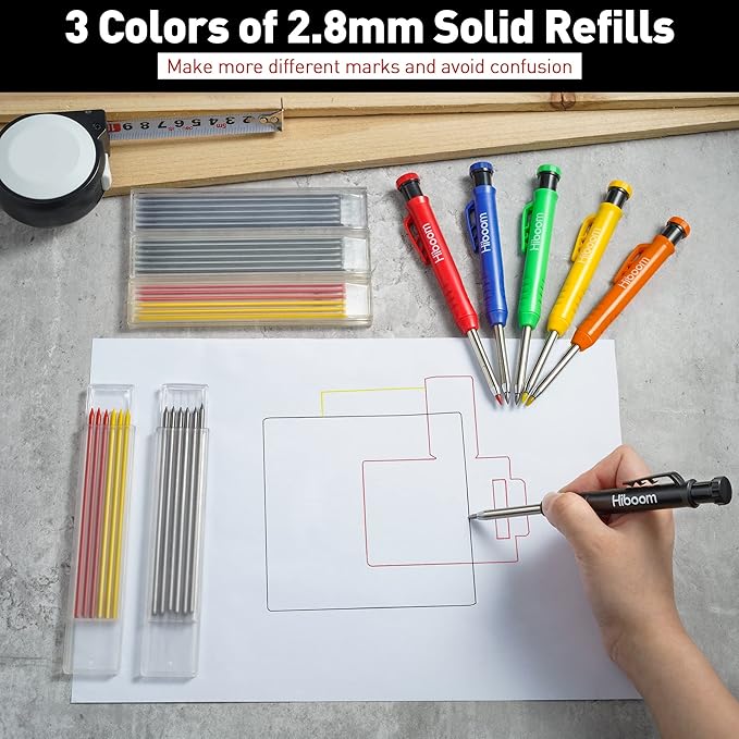 Hiboom 6 Pack Carpenter Pencil with Sharpener, Long Nosed Deep Hole Tip Mechanical Hole Marker with 36 Pcs 2.8 mm Refills for Woodworking Drafting Architect Construction, Design Patent