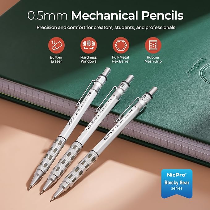 Nicpro 3 Pack Blocky Gear 0.5 mm Metal Mechanical Pencils Set with Case, Lead Drafting Pencil with 8 Tube (480PCS) Lead Refills(HB 2B), 4 Erasers, 18 Eraser Refills for Art Writing, Sketching Drawing