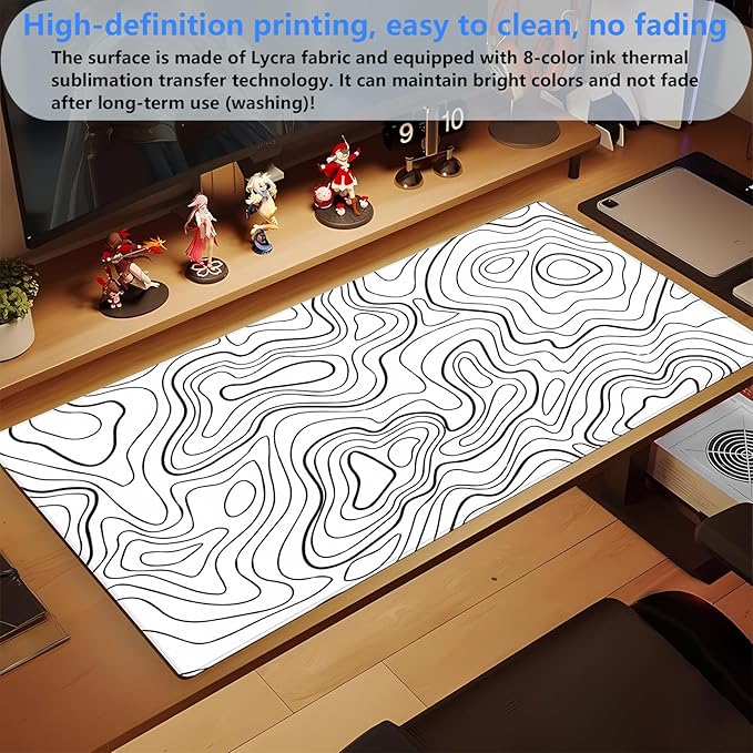 White Topographic Abstract Art Desk Mat - Large XL Gaming Mouse Pad with Stitched Edges, Full Desk Keyboard & Mouse Pad for PC, Laptop, Office Decor (31.5"x15.7")