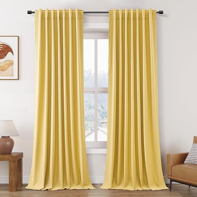 Nanspring Gold Yellow Linen Blackout Curtains 108 Inches Long Loop Pocket Rod Pocket Cooling Noise Reducing 100% Blackout 2 Panels Set for Bedroom Neutral Rustic Curtains Drapes 52x108
