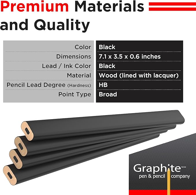 GRAPHITE Hard Lead Carpenter Pencils Bulk - (1) Pack of 12 Pieces Lumber Wooden Pencil #2 (HB) - Black