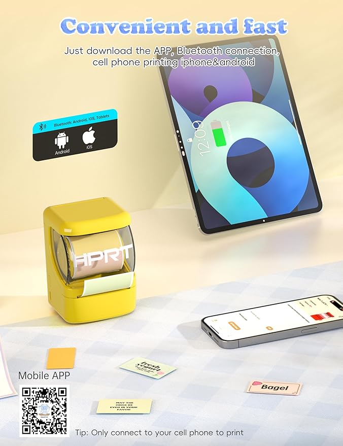 HPRT NEW1 Label Maker - Bluetooth Label Make Machine with 1 Roll Tape Portable Thermal Printer for iPhone&Andriod, Yellow