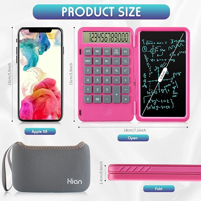 Hion Calculator,12-Digit Large Display Office Desk Calcultors with Erasable Writing Table,Rechargeable Hand held Multi-Function Mute Pocket Desktop Calculator for Basic Financial Home School (Pink)