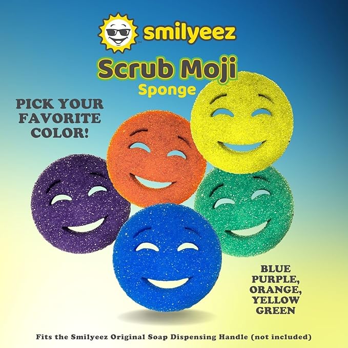 The Original Scrub Moji Scrubbing Sponge by Smilyeez (Set of 3) - Yellow - Temperature-Responsive Polymer Foam, Stain and Odor Resistant, Ideal for Kitchen and Bathroom Cleaning