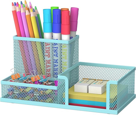 SUPEASY Mesh Pen Holder Desk Organizer, Office Supplies Pencil Storage with 3 Compartments, Office Desk Accessories and Workspace Organizers for Home School, Blue