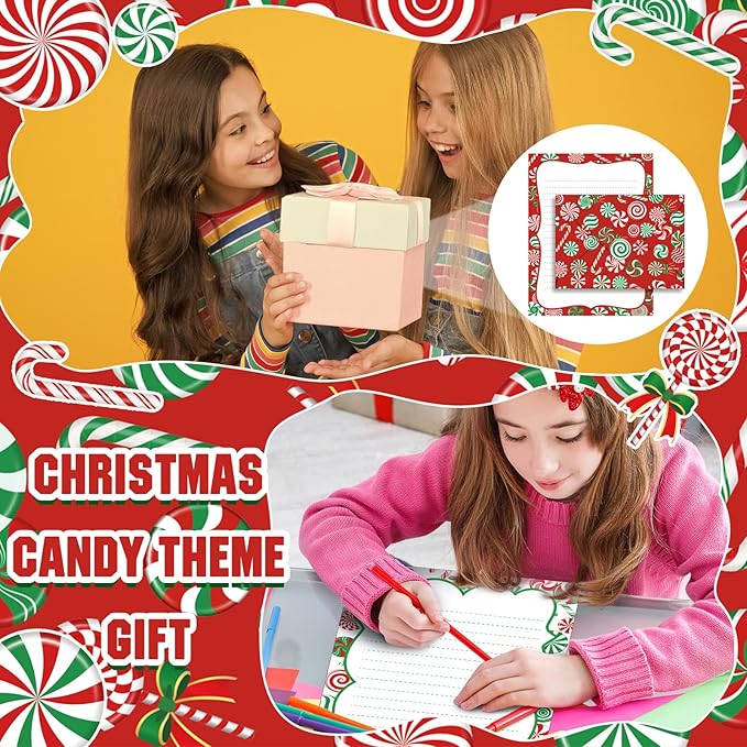TaoBary 160 Pcs Stationery Paper Set 50 Double Sided Stationery Papers with 50 Matching Envelopes and 60 Round Dot Sticker, 10 Design(Christmas Candy,5.5 x 8.25 Inch)