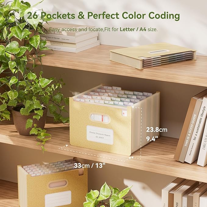 Accordion File Organizer, 26 Pockets Wheat Straw Expanding File Folders, Upright&Open Top, A-Z Bill Receipt Organizer, 100% BPA Free, Return to Nature, Healthy Living, Letter/A4 Size-Wheat Yellow
