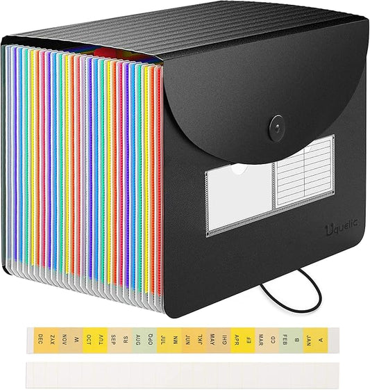 Uquelic Large Accordion File Organizer, Legal Size File Folder with 24 Pockets, Plastic Expanding File Organizer, Color Index& Elastic Strap for Legal/Letter/A4 Size Papers(Black)