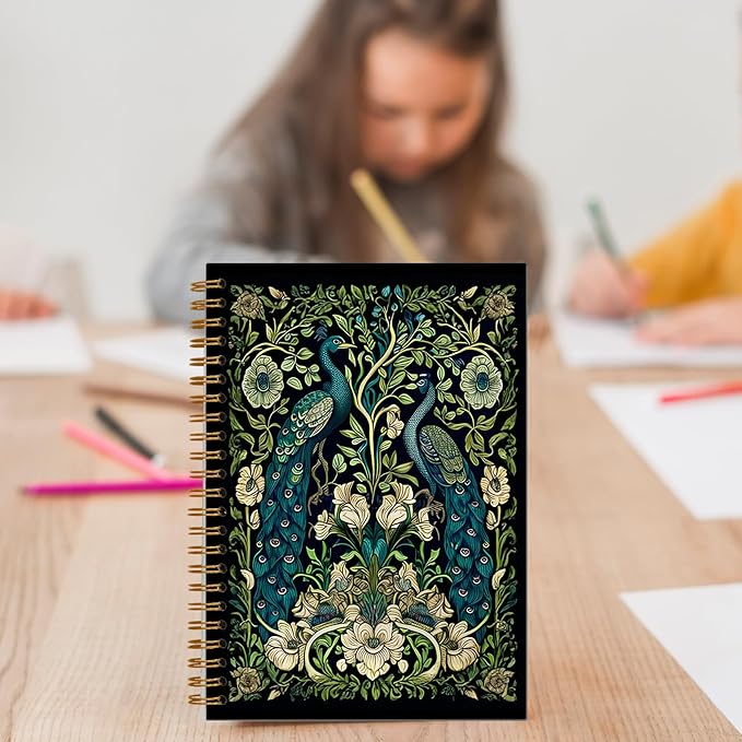Vintage Floral Peacock Notebook, Retro Moody William Morris Flower Botanical Peacock Journal, Dark Academia Cottagecore Journaling, Rustic Floral Spiral Notebook 5.5x8.3 Inch