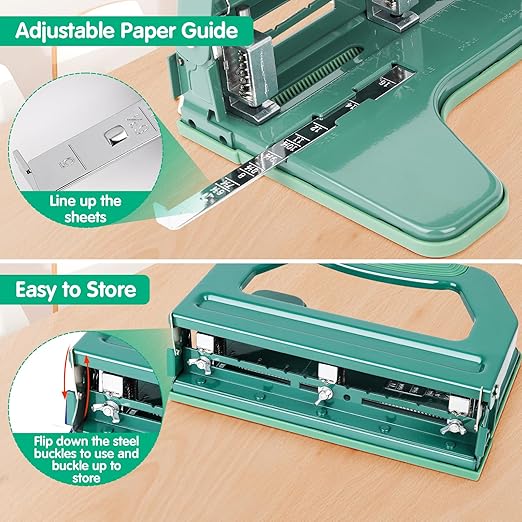 AFMAT HP18 Heavy Duty 3 Hole Punch, 50-Sheet Hole Puncher 3 Ring, 50% Reduced Effort, Adjustable Two & Three Hole Punch, Metal Paper Puncher w/Large Chip Tray, Metal Paper Guide, Green