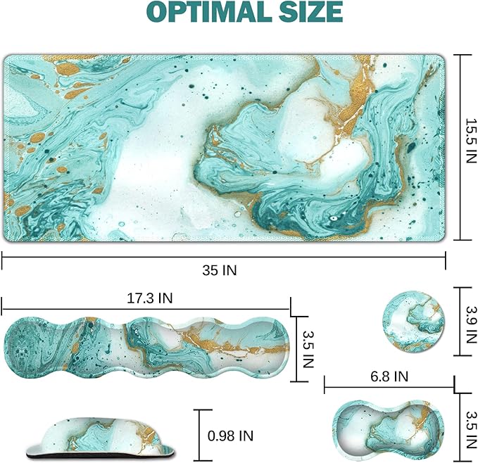Upgraded Large Gaming Mouse Pad, Keyboard Wrist Rest Pad, Wrist Support Mousepad Set, Artso Rubber Base Stitched Edges, Multifunctional Desk Pad (35 x15.5 in) for Office, Home, Teal Turqoise Marble