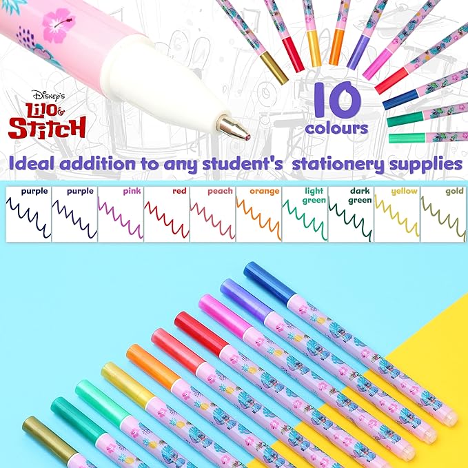 Disney Metallic Gel Pens for Kids, Colored Pens Pack of 10 School Supplies - Kids Gifts (Multi Stitch)