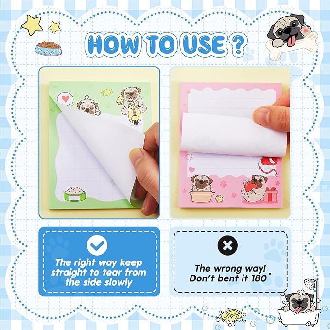 Sabary 9 Pads Cute Sticky Notes Animal Sticky Note Pads 3.15 x 3.94 Inches Colored Adhesive Memo Reminder Decor for Journal School Office Gifts(Pug)