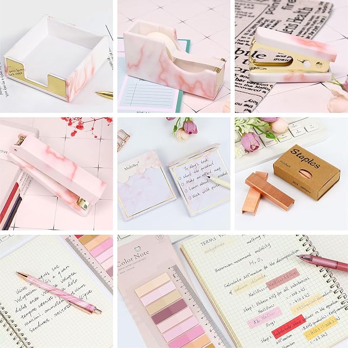 Pink Marble Desk Accessories Organizer Set of Stapler, Staple Remover, Tape Dispenser, Memo Pad Holder, Scissor, Ballpoint Pen, Binder Clips, Sticky Notes Office Supplies (Pink Marble)
