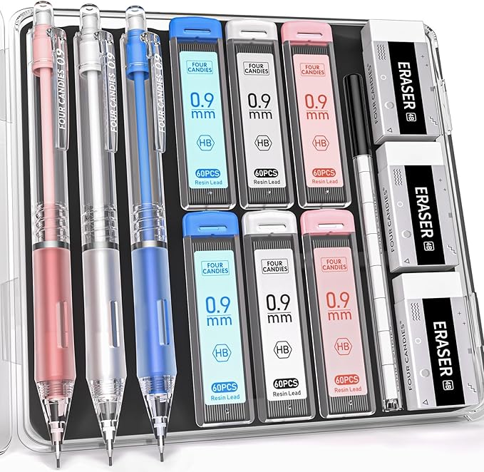 Four Candies Mechanical Pencil Set with Case, 3PCS Aesthetic Mechanical Pencils 0.9mm with 360PCS HB Lead Refills, 12PCS Erasers, Cute Mechanical Pencils for Writing, Drawing and Sketching