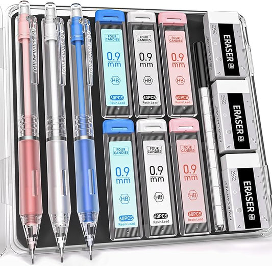 Four Candies Mechanical Pencil Set with Case, 3PCS Aesthetic Mechanical Pencils 0.9mm with 360PCS HB Lead Refills, 12PCS Erasers, Cute Mechanical Pencils for Writing, Drawing and Sketching