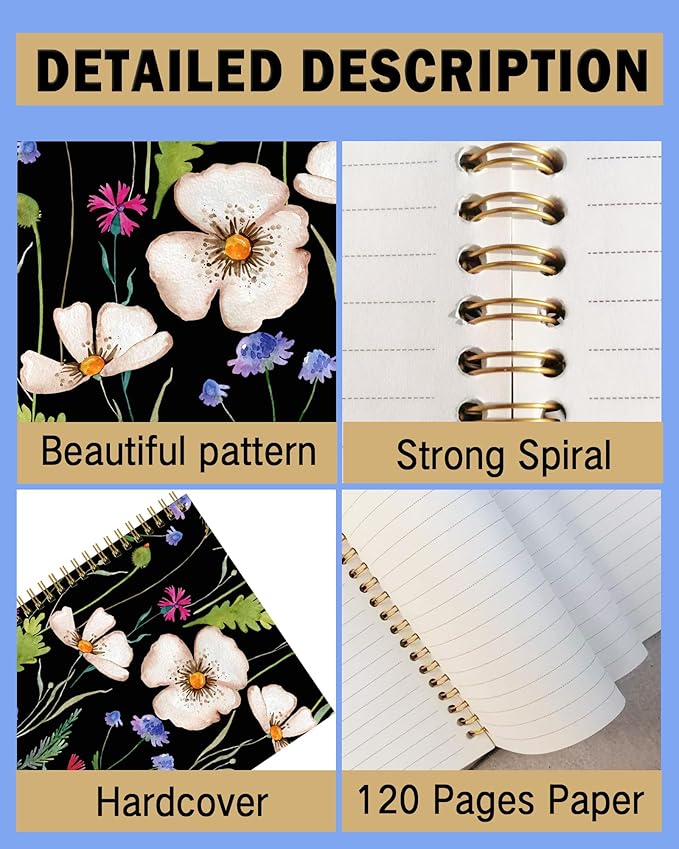 Spiral Notebook A5, Hardcover Journal for Women, 120 Pages Thick College Ruled Paper, Perfect for Office, School, or Home Use(Watercolor Delicate Wildflowers)