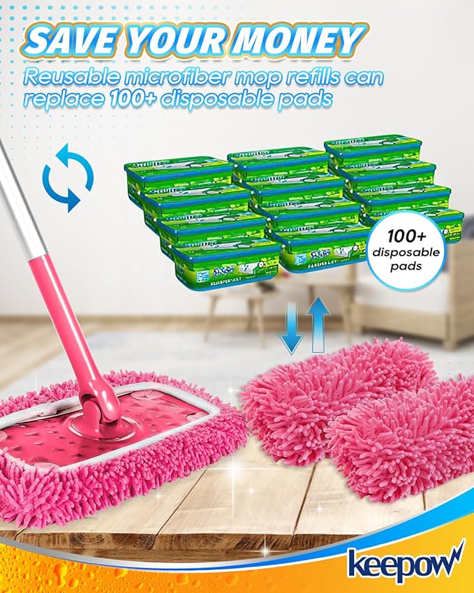 Keepow 8 Pack Reusable Mop Pads Compatible with Swiffer Sweeper, Chenille Mop Refill Pads, Dry & Wet Mopping Cloths for Floor Cleaning -Pink