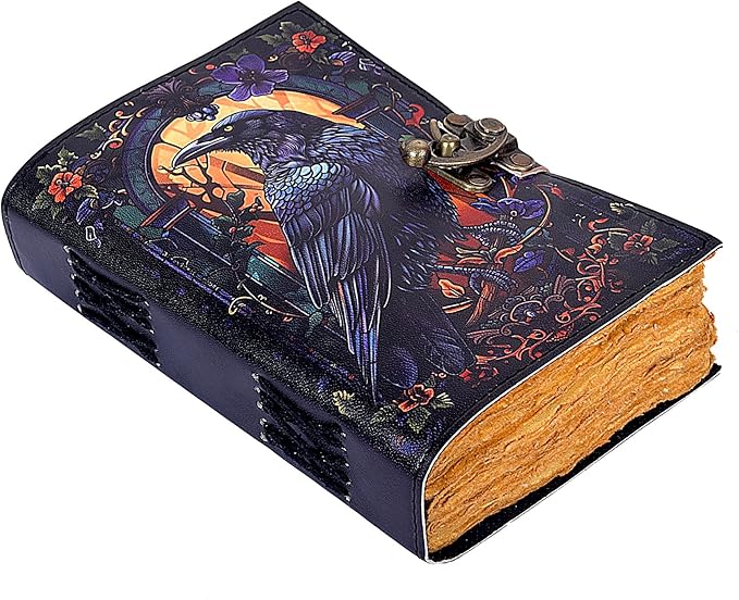 Leather Gothic Journal Magical Raven Notebook book of shadows Mystery Crow Journal Grimoire Witchcraft Spell book Journal Great for Halloween and Raven Lovers Aesthetic Leather Journal gifts for Men and Women (8x6 Inches)