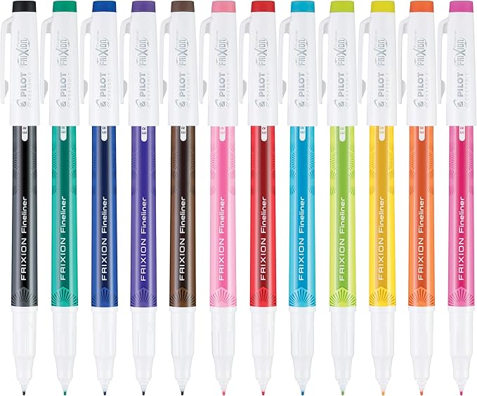 Pilot FriXion Fineliner Erasable Marker Pens, Fine Point 0.5 mm, Pack of 12, Assorted Colors, Erasable Pens - Ideal for School, Journaling, & Office Writing