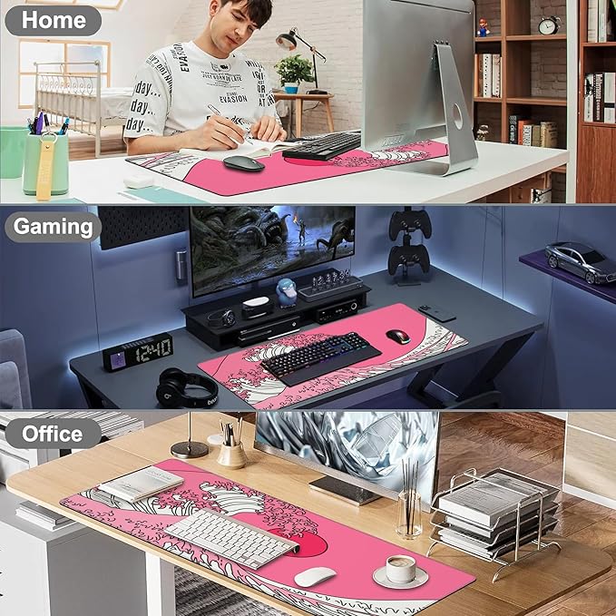 Mouse Pad, Large Great Wave in Vaporwave Pop Art Desk Mat, Extended Non-Slip Gaming Keyboard Mousepad Desk Pad, Thick Stitched Edges Waterproof Mouse Mat 31.5"x15.7" (Ocean's Crest Leap)