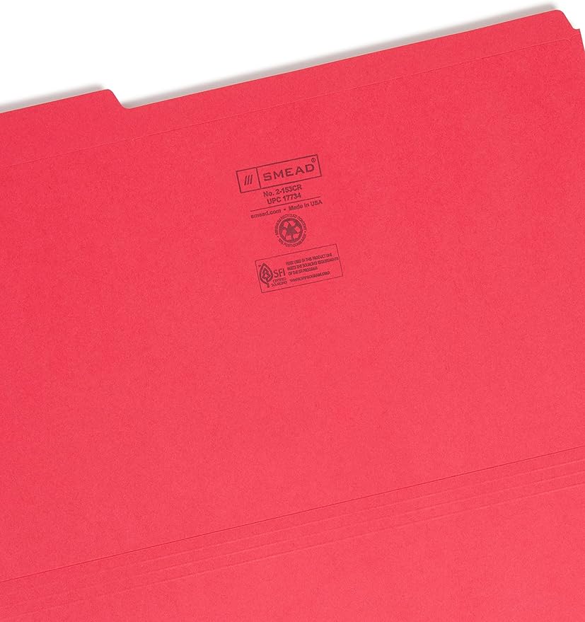 Smead File Folder, Reinforced 1/3-Cut Tab, Legal Size, Red, 100 per Box (17734)