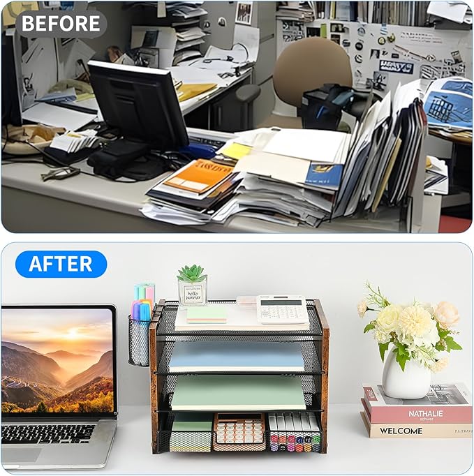 OPNCIE Desk Organizer and Accessories, 4-Tier Paper Letter Tray File Organizer with Drawer & 2 Pen Holder, Office Desk Accessories Workspace Desktop Organizer for Office Supplies(Brown)