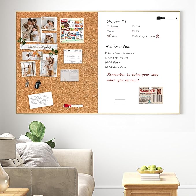 ARCOBIS Cork Board White Board Combo, Bulletin Board-Gold Frame, Magnetic Dry Erase Board & Corkboard for Wall, Vision Board for Home, Office, School (Gold, 48 x 30)