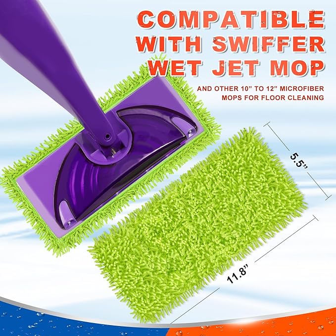 6 Pack Reusable Mop Pads Compatible with Swiffer Wet Jet Spray Mop, Microfiber Wet Jet Pads Refill for Swiffer Mop, 10-12inch Wet Mop Pads for Dry Wet Mopping Cloths, Reusable Mop Replacements Pads