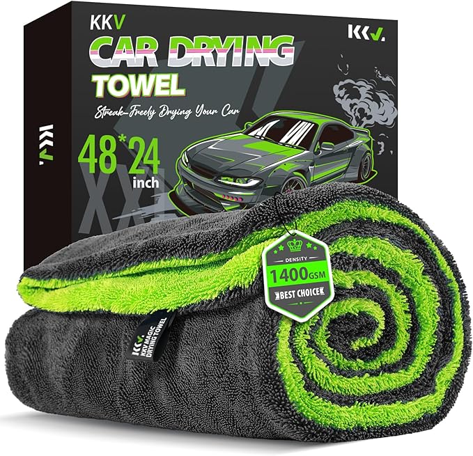 KKV Full-Sized SUV Drying Towel, 48”x24” Dual Sided Microfiber Car Cleaning Towel with Twisting Yarn Technique, 1400GSM Super Absorbent, Scratch-Free, Machine Washable (Darkgray-GreenYellow)