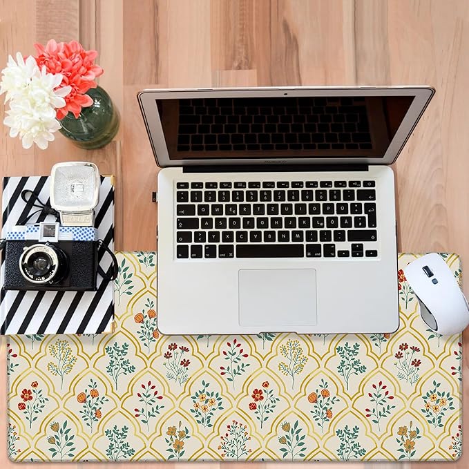 Large Mouse Pad Decorative Floral Gaming Desk Pad Computer Keyboard Non-Slip Waterproof Mouse Mat with Rubber Base and Stitched Edges Entertainment Office Writing Desk Mat 35.4 x 15.7 Inches