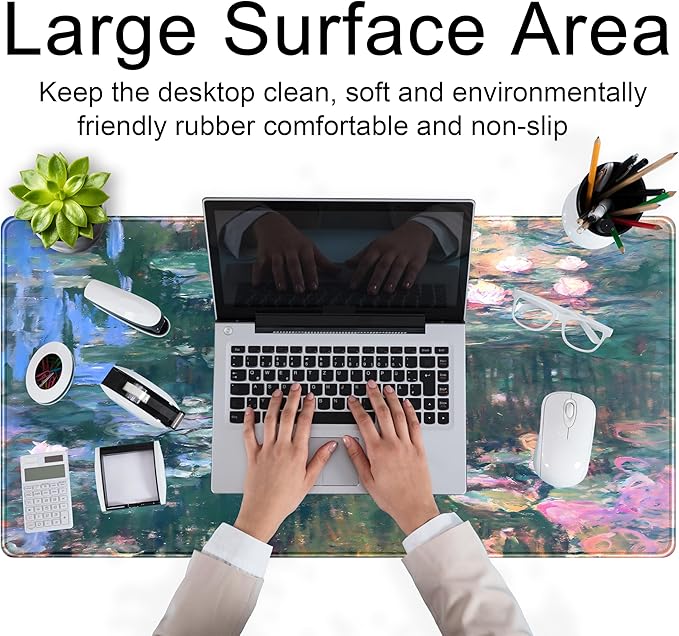 Abstract Oil Painting Mousepad Retro Water Lilies Desk Mat, XXL Large Extended Mouse Pad Gaming, Computer Laptop Keyboard and Mouse Mat, Floral Desk Pad with Stitched Edge, 31.5''x15.7''