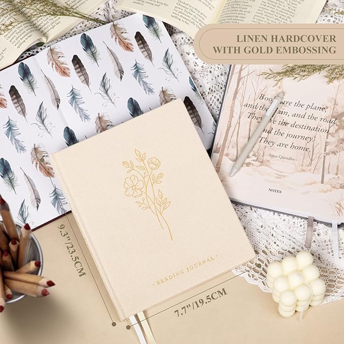 Lanpn Reading Book Journal for Book Lovers Readers, 9.3" x 7.7", 158 Pages Linen Hardcover Books Tracker with 52 Reviews, Read Log Notebook Bookish Gifts (Beige)