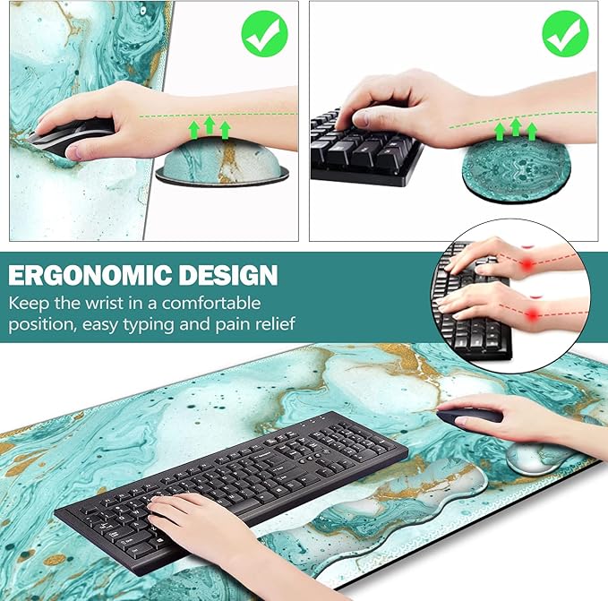 Upgraded Large Gaming Mouse Pad, Keyboard Wrist Rest Pad, Wrist Support Mousepad Set, Artso Rubber Base Stitched Edges, Multifunctional Desk Pad (35 x15.5 in) for Office, Home, Teal Turqoise Marble