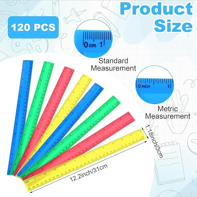 120 Pcs 12 Inch Plastic Rulers Bulk, Kid Ruler for School, Back to School Supplies, Flexible Assorted Color Straight Rulers with Centimeters and Inches for Students Schools Education