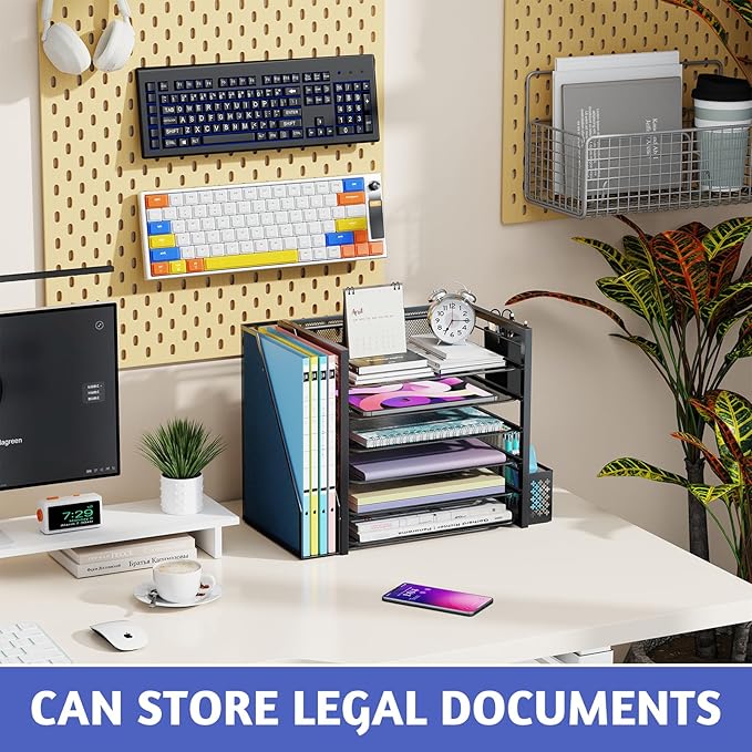 Simple Trending 6 Tier Desk File Organizer, Paper Letter Tray Organizer with File Holder and Pen Container, Black