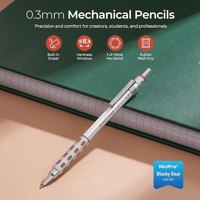 Nicpro Blocky Gear 0.3 mm Mechanical Pencils Set in Case, Metal Pencil with Lead Refills, Eraser for Professional & Adult Art Writing Drafting Drawing