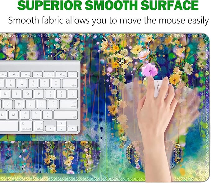 ARTSO Large Gaming Mouse Pad Set, Keyboard Wrist Rest Support + Mouse Wrist Cushion + Extended Mousepad + Coaster, 35x15.5in Multifunctional Desk Mat 4pcs, Oil Painting Flowers
