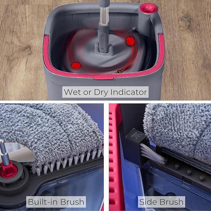 Square Spin Mop & Bucket Smart Floor Mop, Separate Compartments for Clean and Dirty Water, Self Cleaning w/Sweeper Attachment 2025 Upgraded Version w/Side Brush & Self-Standing 360° Rotating Handle