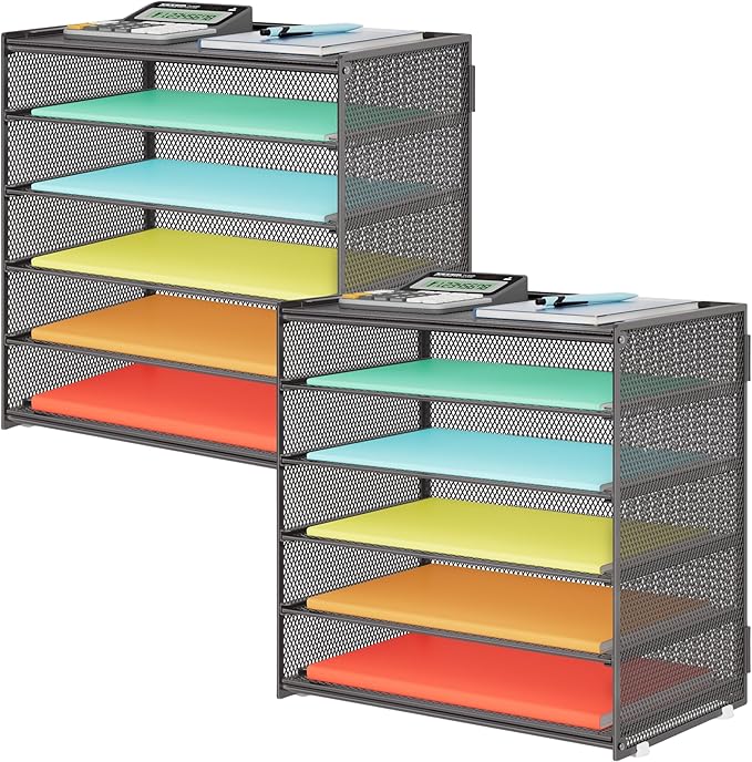 2 Pack 6 Tier Paper Organizer, Metal Mesh Desk File Folder, Letter Tray Organizer, Paper Sorter Desk Organizers for Office, Home or School File Folder Holder - Gray