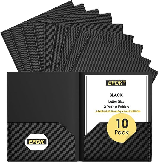 Heavy Duty Black Plastic Folders with 2 Pockets, 10 Pack Textured File Folders with Business Card Slot, Letter Size Filing Supplies for Back to School & Office Organization