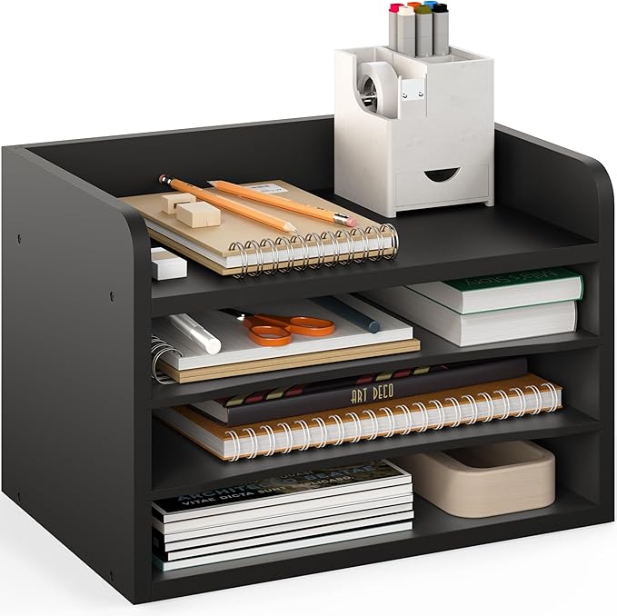 Ballucci File Organizer, 4-Tier Office Desk Organizer, Open Top Wood Paper Organizer for Classroom, Mail Sorter Paper Tray with Adjustable Storage Shelves, Black