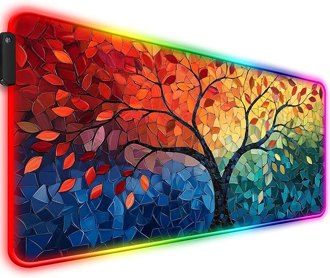 RGB Fantasy Tree of Life Gaming Desk Mat, Computer Keyboard Large Extended Long Abstract LED Mouse Pad for Office and Home, XL (W04)