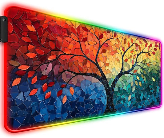 RGB Fantasy Tree of Life Gaming Desk Mat, Computer Keyboard Large Extended Long Abstract LED Mouse Pad for Office and Home, XL (W04)
