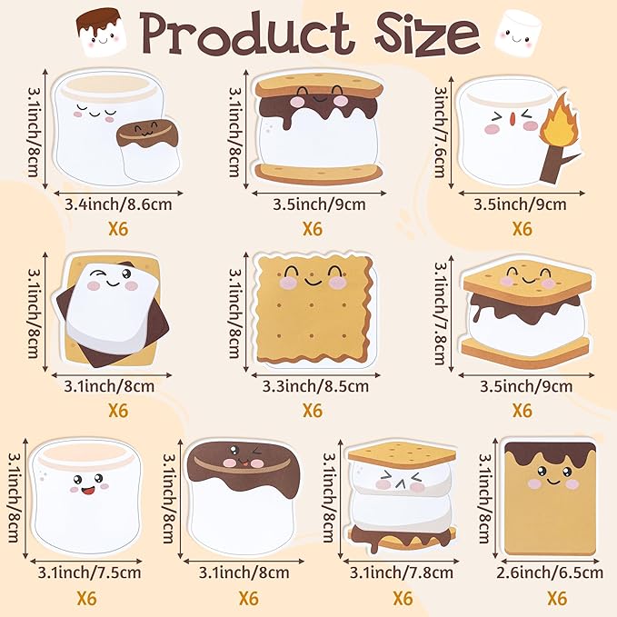 CJiangpo 60Pcs Marshmallow Sticky Notes Cute Cartoon Sticky Note Pads, 1200 Sheets Self Stick Notepad Memo Pads Funny Page Marker Classroom Rewards Camping Themed Gift