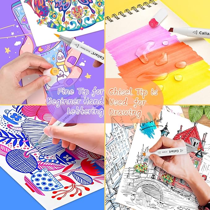 Caliart Alcohol Based Markers, 24 Colors Dual Tip Art Marker Set Fine & Chisel, Permanent Colored Pens for Adults Coloring Book Artists Illustration Sketch Lettering Drawing Cards Planner