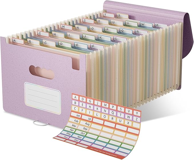 Accordion File Organizer, 26 Pockets Wheat Straw Expanding File Folder, Monthly Bill Receipt Organizer, A-Z Tabs, 100% BPA Free, Return to Nature, Healthy Living-Lavender Purple